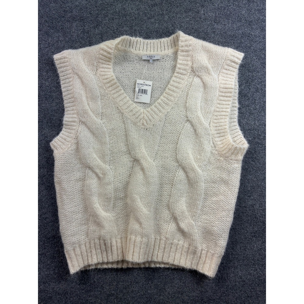 FRNCH Paris Cable Knit Sweater Vest Womens M/L Cream V-Neck Wool Blend MS21-US34